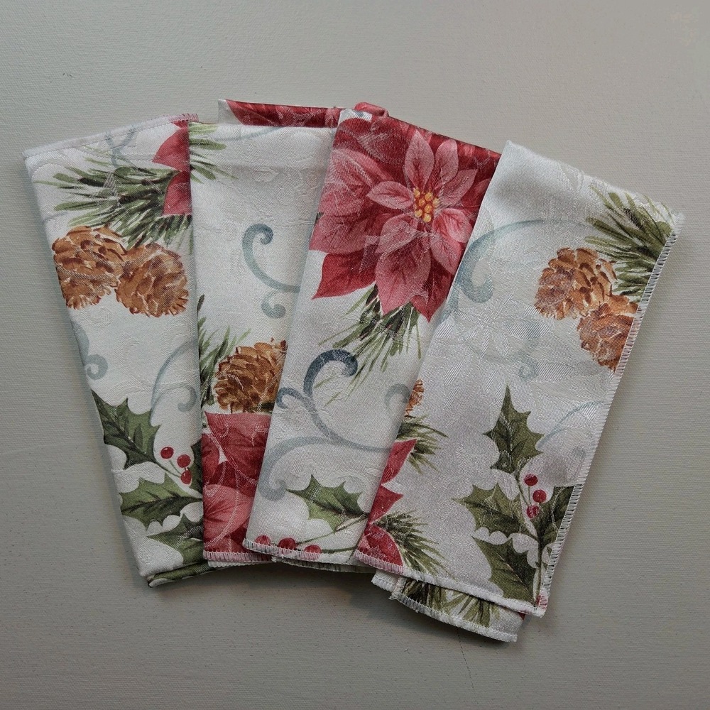 Pink Red Poinsettia Filigree Cloth Napkins 17" x 17" Set of 4 Holiday Christmas